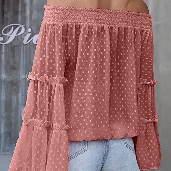 Deep Pink Chenille Dot Flared Sleeve Off the Shoulder Blouse Women's Sz Small - Picture 9 of 9